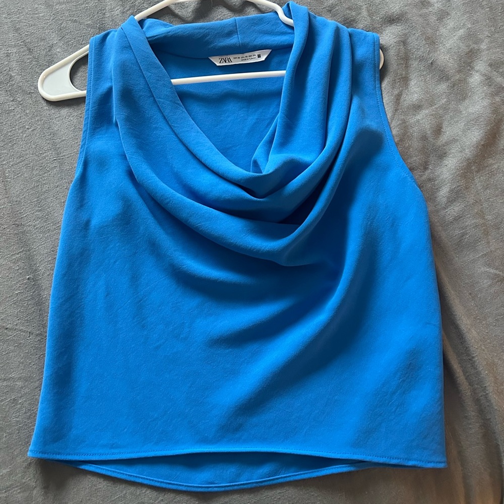 Zara Vibrant Cobalt Draped Cowl Neck Sleeveless Top
